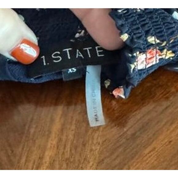 1.STATE Navy Floral Ruffle Mini Dress XS Smocked Waist Layered Hem - Picture 2 of 13